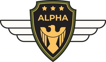 Military logo with an eagle and wings, three stars, and the word alpha, possibly representing a special unit or group within the armed forces vector
