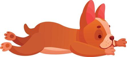 Adorable brown French bulldog puppy lying down and stretching its paws, playfully waiting in a cheerful pose, isolated on a bright white background, illustrated in a charming cartoon style vector