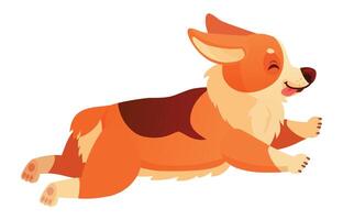 Joyful welsh corgi dog running swiftly with its tongue out and eyes closed, capturing a playful spirit in a charming cartoon style against a clean white background vector