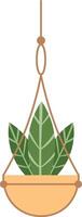 Illustration of a hanging planter featuring lush green leaves, suspended with a simple brown rope. Perfect for home decor, gardening themes, or botanical concepts vector