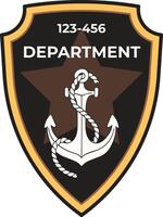 Nautical department logo showcasing an anchor entwined with rope, positioned centrally on a five pointed star against a shield shaped backdrop, incorporating a departmental number vector