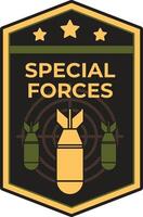 Featuring a striking special forces military emblem, showcasing three bombs positioned over a target, complemented by three stars within a bold black and gold badge shaped frame vector