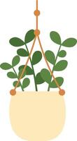 Illustration of a green plant with round leaves in a beige hanging pot. The design features a simple, minimalist style with a focus on natural decor and indoor gardening vector