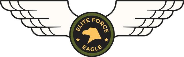 Stylized illustration of an elite force eagle military patch featuring outstretched wings, a central roundel with an eagle head, stars, and the words elite force eagle vector