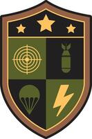Military shield featuring three stars and divided into four sections, each illustrating different military actions like bombing, shooting, paratrooping, and fast attack vector