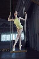 Romantic picture of a ballerina, a ballerina in pointe shoes swinging on a swing, a ballerina in a leopard photo