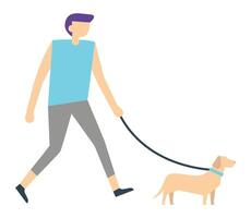 Young man enjoying a leisurely stroll with his adorable dachshund, highlighting the joys of responsible pet ownership and embracing an active, healthy lifestyle in the great outdoors vector