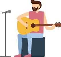 Illustration of a musician playing an acoustic guitar while seated on stage. The artist is positioned next to a microphone, suggesting a live performance or recording session vector