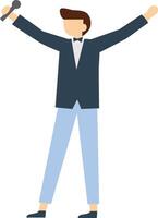 Male singer in a stylish suit, holding a microphone and performing live on stage with arms raised, capturing the energy and excitement of the moment in a simple flat design illustration vector