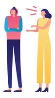 Colleagues experiencing a disagreement, with a woman expressing frustration to a man, highlighting communication problems and misunderstandings in a workplace setting vector