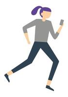 Minimalist illustration of a young woman running and using her smartphone, representing concepts like multitasking, being busy, and using technology on the go vector
