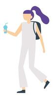 Young student with vibrant purple hair, carrying a backpack and sipping a refreshing soda, walking happily across campus, enjoying a break between classes and embracing student life vector