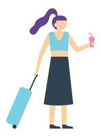 Tourist carrying a rolling suitcase and enjoying a refreshing soft drink while heading to a vacation destination or arriving at an exciting new location vector