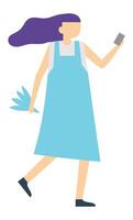 Young woman wearing an apron, walking while using her smartphone and holding a vibrant plant, captured in a flat design style with a simple white background vector