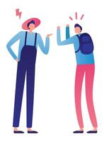 Farmer and student arguing, with the farmer complaining and the student raising hands in disagreement, highlighting the generation gap and communication problems vector