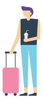 Young tourist holding a refreshing soda while pulling luggage during a vacation, set against a clean white background, embodies the excitement of travel and adventure vector