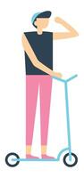 Young man wearing a cap rides a kick scooter, gripping the handlebar with one hand while shielding his eyes from the sun with the other, gazing off into the distance vector