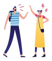 Couple of tourists having communication problems during vacation, woman raising hand and arguing with man with backpack, quarrel and conflict between people, misunderstanding concept vector
