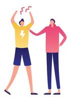 Young man trying to calm down his stressed friend having an anger or panic attack, minimalist flat design illustration isolated on white background vector