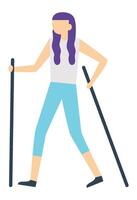 Purple haired sportswoman practicing nordic walking with two poles, enhancing fitness levels and enjoying the beauty of outdoor activity while embracing a healthy lifestyle vector