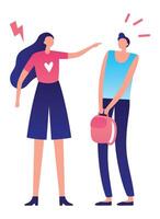 Young woman scolding a student holding a backpack, concept of conflict, quarrel, disagreement, stress, misunderstanding, problems and communication issues vector