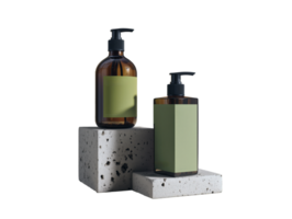 two bottle amber glass pump black two product cosmetic skincare presentation. Simple natural earthy clean modern packaging display on stone block. Studio shot png