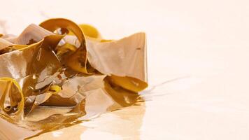 Kelp lies on a sunlit beach, gently moved by waves. Warm lighting highlights the natural textures and colors video