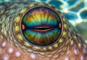 Extreme close-up of colorful octopus eye with vivid textures photo