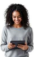 Professional Woman Using Tablet Isolated A medium shot captures a smiling woman with curly dark hair, wearing a grey sweater png