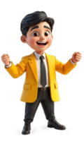 A dynamic businessman in electric yellow, framed by digital business graphs and rising stock prices, reflecting his bold approach png