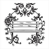 A black and white drawing of a bench with roses vector