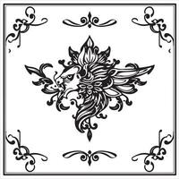 A black and white design with a stylized dragon head vector