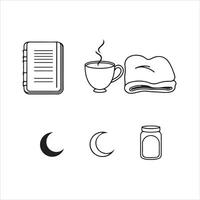 A set of icons that include a cup of coffee, a book, a clock and a moon vector