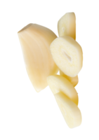 Side view of peeled garlic clove with slices in stack isolated with clipping path in file format png