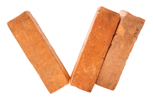 Three cracked old red or orange bricks in strange stack isolated with clipping path in file format png