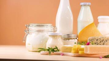 Assorted dairy products on an background video