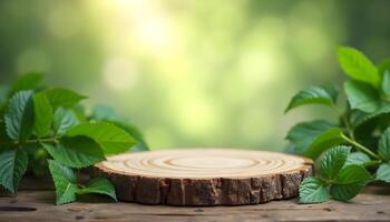 Wood Pedestal in Bright Outdoor Setting for Product Presentation photo