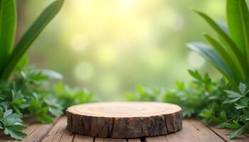 Wooden Product Display Platform in Forest Setting Backdrop photo