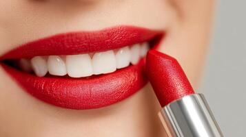 Woman smiling while applying vibrant red lipstick in a close-up, highlighting her flawless makeup and healthy skin, capturing the essence of beauty and glamour in a personal moment of self-care photo