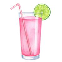 Watercolor pink drink with lime and straw, isolated on transparent background. Summer, refreshment, and cocktail. png