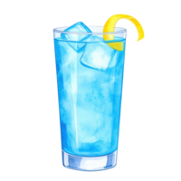 A vibrant blue cocktail with ice cubes and a lemon twist garnish in a tall glass, perfect for summer drinks, parties, or refreshing beverage concepts. png