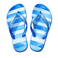 Watercolor illustration of blue striped flip flops, isolated on transparent background, summer, vacation and beach concepts. png