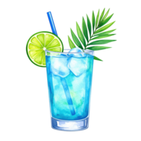 Vibrant watercolor illustration of a refreshing blue cocktail with ice, a lime slice, a straw, and a tropical palm leaf, perfect for summer designs. png