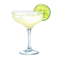 Vibrant illustration of a refreshing margarita cocktail, complete with a salted rim and a fresh lime slice. Perfect for menus, recipes, or summer drink promotions. png