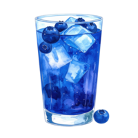 Vibrant watercolor illustration of a cool blueberry beverage with ice cubes and whole blueberries in a tall glass, perfect for summer drinks. png