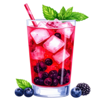 A vibrant watercolor illustration of a refreshing berry drink with ice cubes, blueberries, and mint. Ideal for summer beverages, healthy lifestyle, and party concepts. png