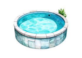 A charming watercolor illustration depicts a round hot tub filled with bubbling blue water, featuring a sleek white tiled edge and stone like exterior. Ideal for leisure and spa concepts. png