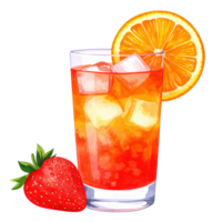 Vibrant watercolor illustration of a refreshing orange and red cocktail with ice, garnished with a fresh orange slice and a ripe strawberry, perfect for summer drinks. png