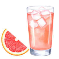 A vibrant watercolor illustration featuring a tall glass of pink grapefruit drink with ice cubes, accompanied by a fresh grapefruit slice. Ideal for summer themes. png