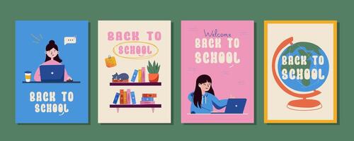 Set of colorful back to school banners with girls, books, globes and chalkboard elements in modern flat style. Perfect for student promotions and educational campaigns. vector